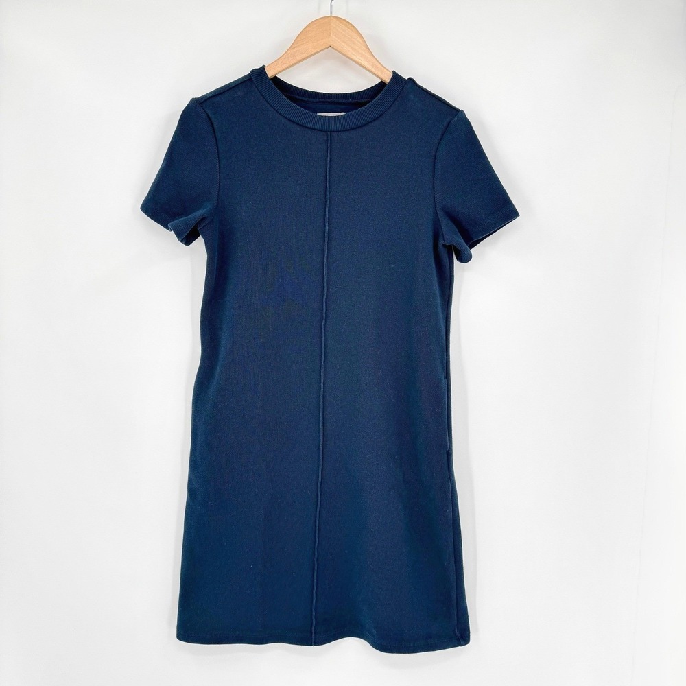 Falls Creek Womens Navy Blue Ribbed Knit Short Sleeve Shift Dress Small RN48711